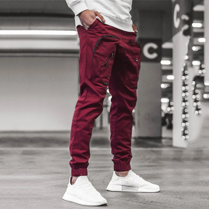 Men Casual Solid Color Pockets Waist Drawstring Ankle Tied Skinny Cargo Pants