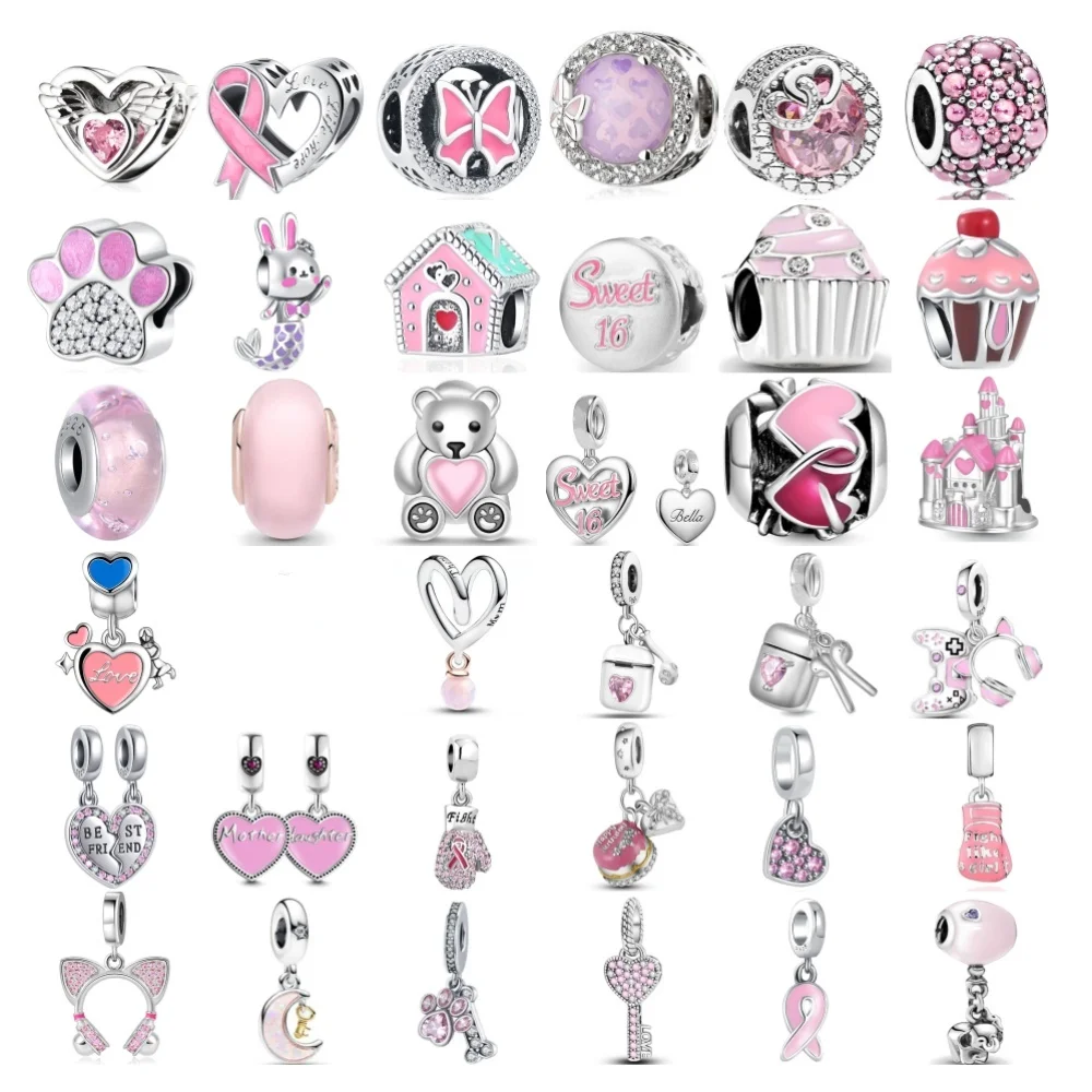 Hot Selling S925 Silver Pink House Cake Headphone Key Pendant Suitable For European Original Bracelet DIY Charm Jewelry Gift