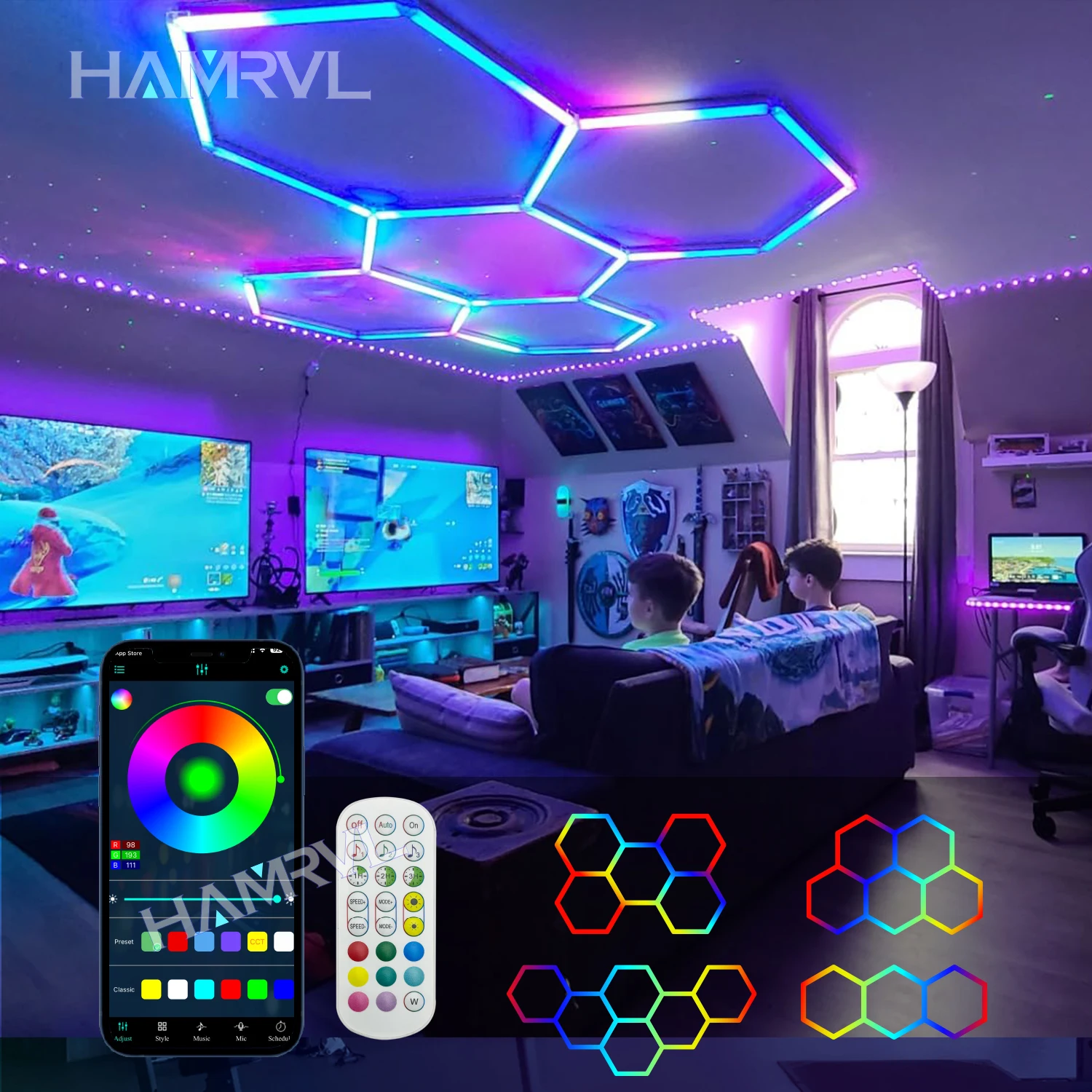 

App Control Latest Hexagon Lighting Kits with Vibrant RGB Color Changing LEDs Plug in Hundreds of Color Modes Lighting Effects