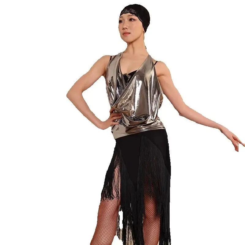 Adults Latin Dance Clothing Women Ballroom Dance Performance Costume Silver Latin Top Tassels Skirt Stage Clothes DW10758