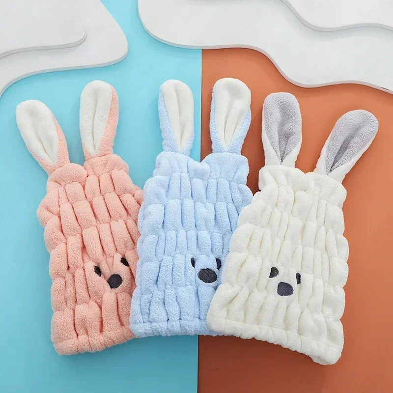 New Coral Plush Cartoon Rabbit Children's Dry Hair Hat Cute Girl Water Absorbing Rabbit Ear Headband Bath