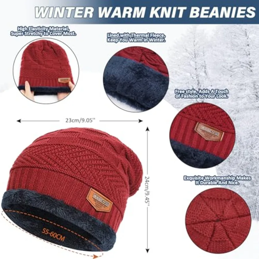 남녀 공용 겨울 비니 모자 스카프 세트 따뜻한 니트 두꺼운 플리스 안감 스컬 캡 넥 워머