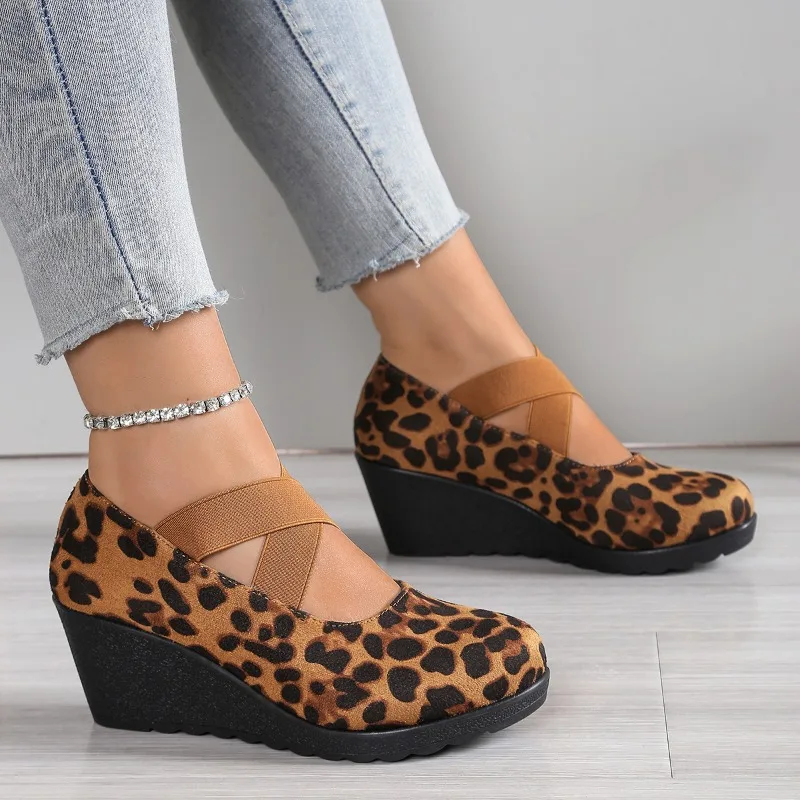 French Leopard Print Mary Jane Round-toe Platform Flat Fashion Women's High-heeled Shoes