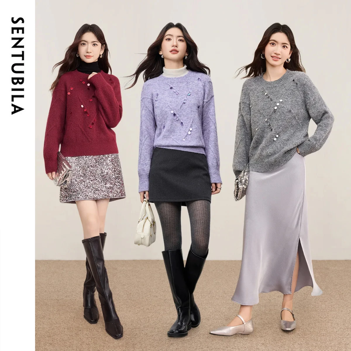 

SENTUBILA шерстяной свитер женский, осень 202, с круглым вырезом, расшитый блестками, свободные плечи, элегантный эластичный вязаный топ W53EE3470