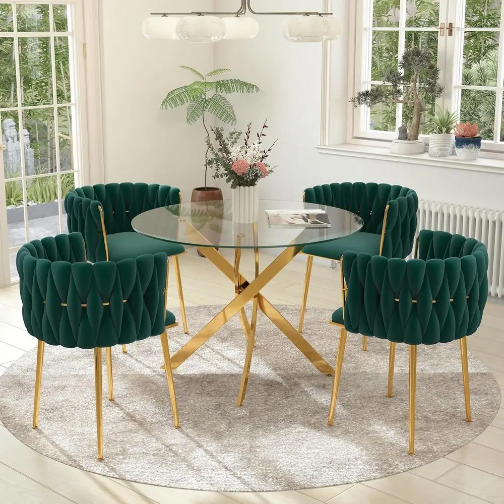 

Round Glass Top Dining Table Set for 4-5, 36 Minimalist Circular Table with Green Woven Chairs, Small Home Luxury Dinner Set (Go