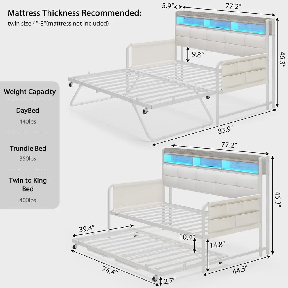Daybed with Trundle, Twin Day Bed with Upholstered Headboard and Charging Station