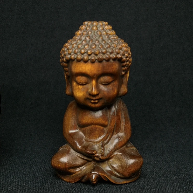 

YIZHU CULTUER ART Size 2.6 Inch Old Chinese Boxwood Wood Hand carved Sakyamuni Buddha Figurine Statue Buddhism Collectable