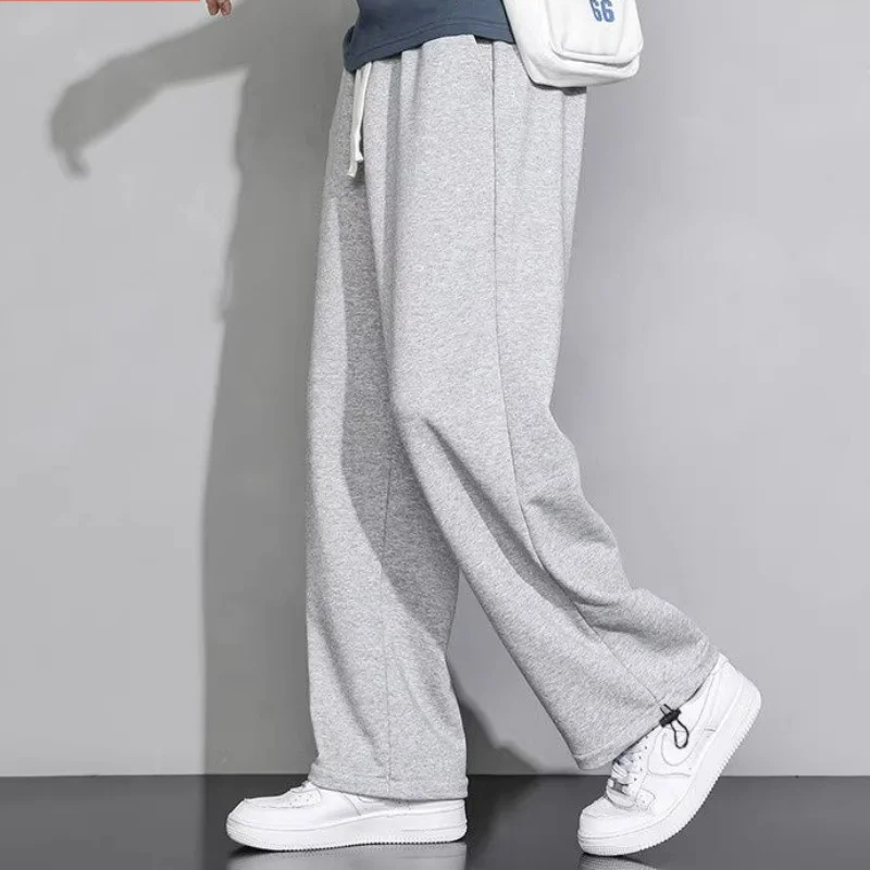 Autumn Winter New Fleece Versatile Casual Pants Men Korean Solid Elastic Waist Drawstring Pockets Straight Loose Sports Trousers