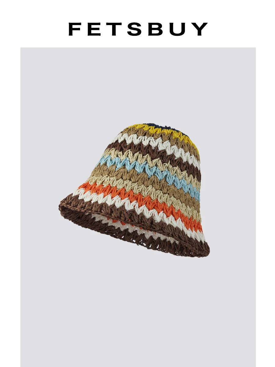 fetsbuy-heavyweight-hook-knitted-fishing-hat-breathable-striped-hollow-out-small-face-bucket-straw-hat-women's-sprin