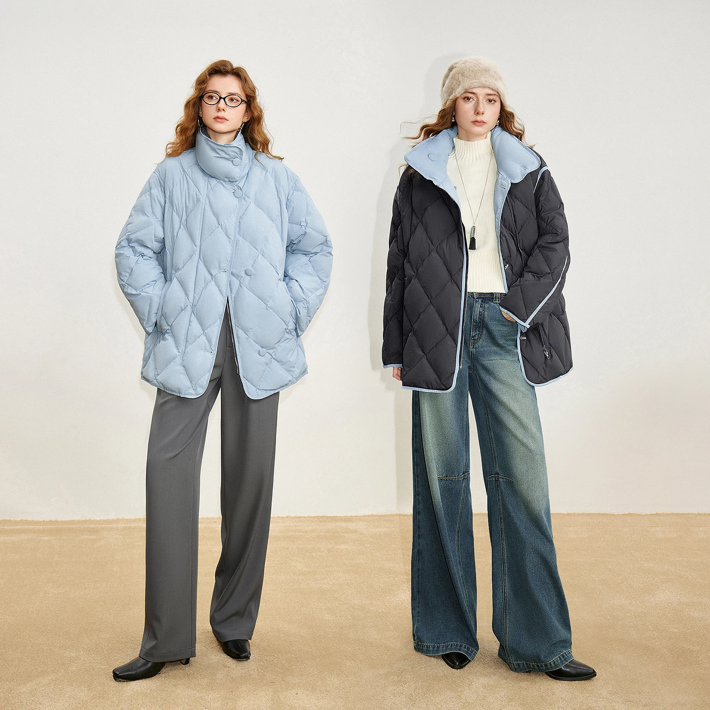 TOYOUTH Women 90% White Duck Down Jacket 2025 Winter New Diamond Grid Double Side Contrasting Color Splicing Jacket Coat