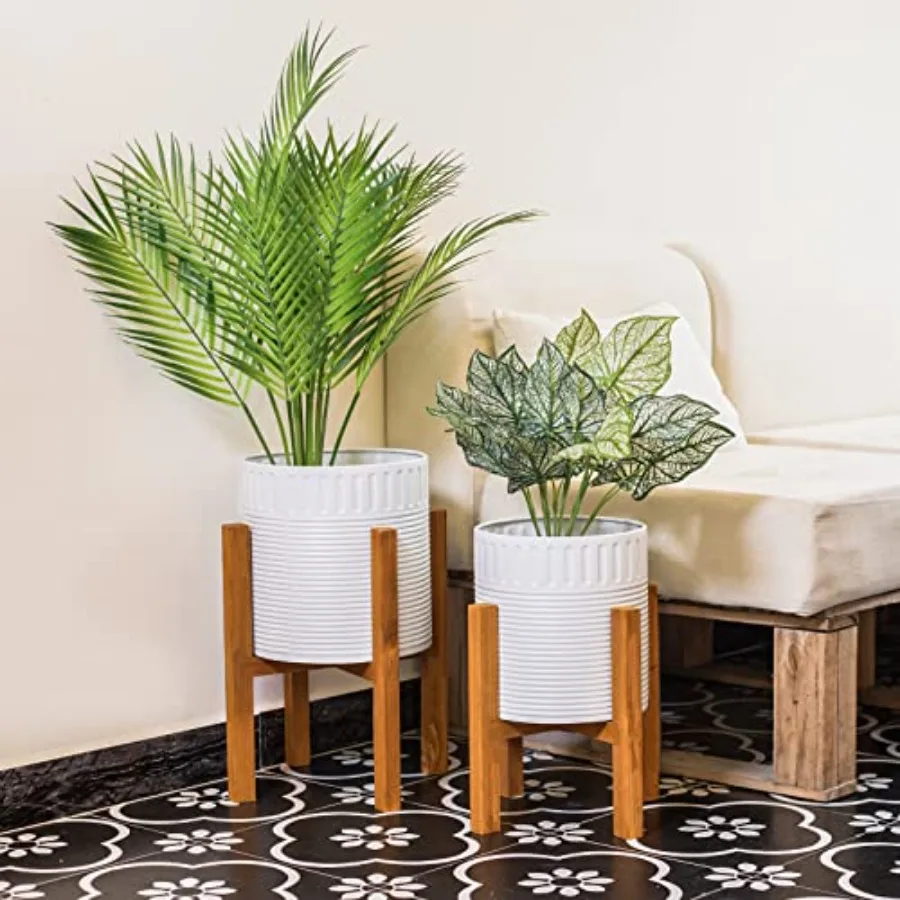 

2-Piece White Metal Planter Set with Wood Stand Indoor Mid Century Modern Planters with Drainage 8" and 10"