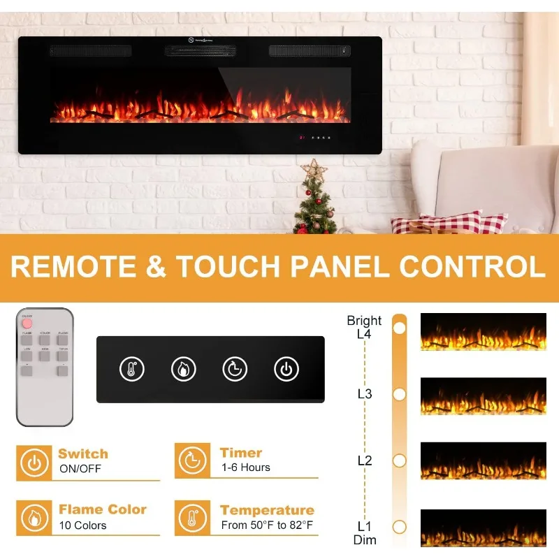 Cool to The Touch Fireplace Heater, Recessed and Wall Mounted Fireplaces with Timer Remote Control Adjustable Flame Color