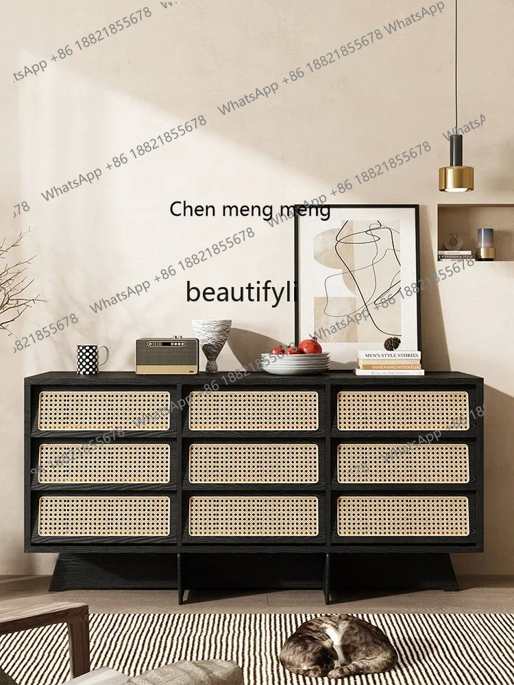 

178Solid Wood Rattan Nine-Drawer Cabinet Vintage Sideboard Drawer Storage Cabinet Japanese Style Entrance Cabinet