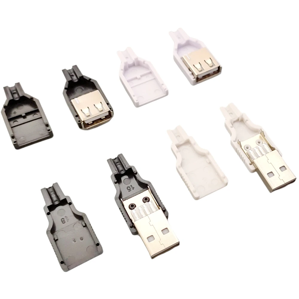 5/10 Pcs USB 2.0 Type A Male & Female Connectors, 4-Pin Soldering Plugs with White/Black Plastic Cover for DIY Wiring