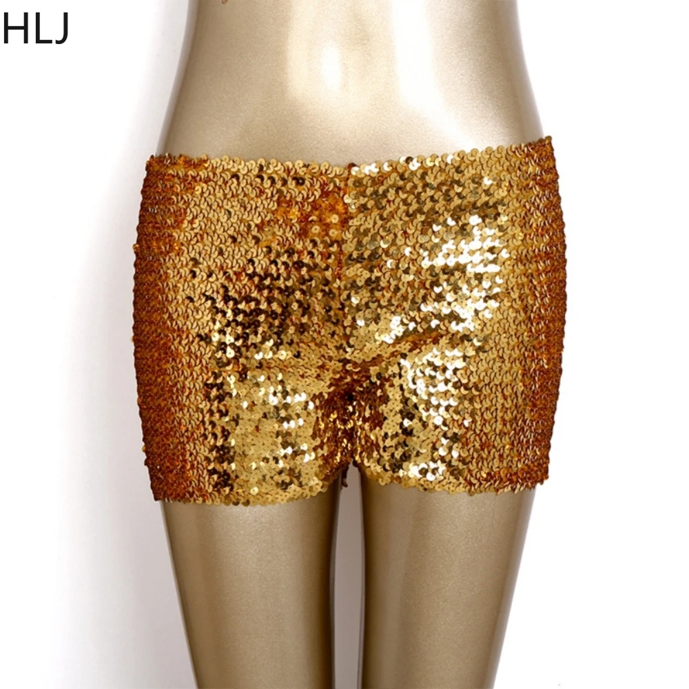 กางเกงขาสั้นลายทางปักเลื่อมเซ็กซี่ HLJ สีม่วงทองระยิบระยับ เอวต่ำ ทรงสกินนี่ แฟชั่นสาวฮอต สตรีทแวร์