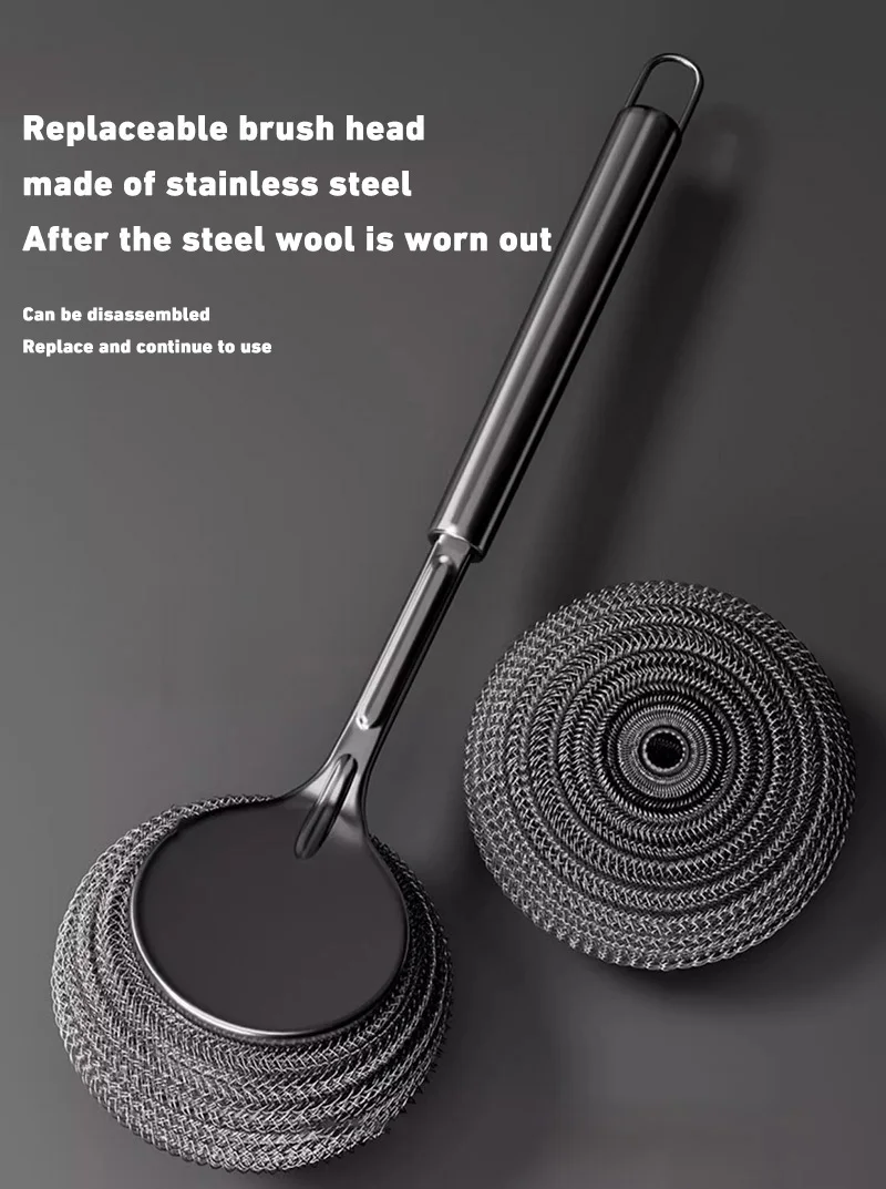 1pc Stainless Steel Pot With Handle Long Brush Kitchen Specific Washing Pot Steel Wire Ball