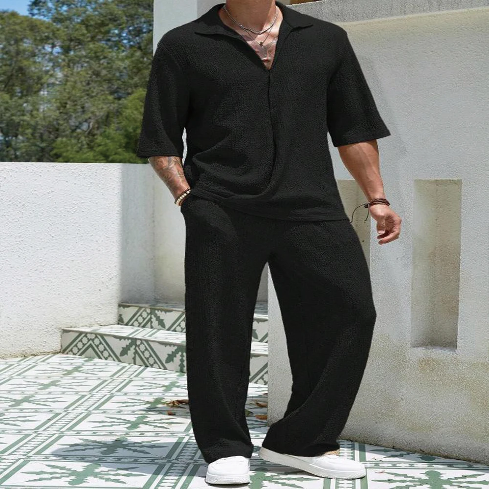 New Spring summer Men's retro casual suit collar solid color half-sleeved shirt loose drawstring pants Two-piece beach Suit - Image 2