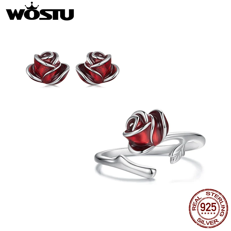 WOSTU 925 Sterling Silver Red Rose Open Ring  Stud Earrings Jewelry Set with Enamel for Women Date Wedding Love Jewelry Original