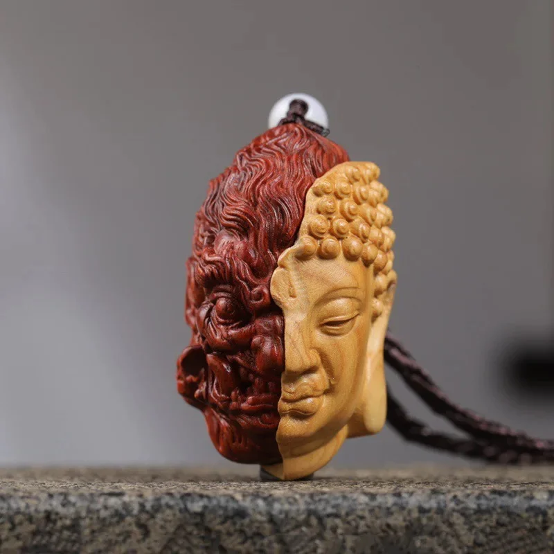 Wooden Carving One Thought Buddha Demon Head,, Cypress & Rosewood Dual Face Mask, Zen Yin Yang Amulet Feng Shui Car Decor