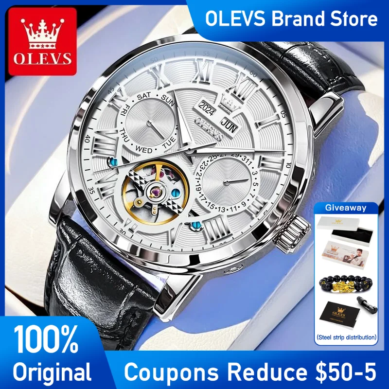 

OLEVS Mens Watch Original Luxury Mechanical Men's Wristwatch Leather Strap Waterproof Luminous Dual calendar Brand Reloj