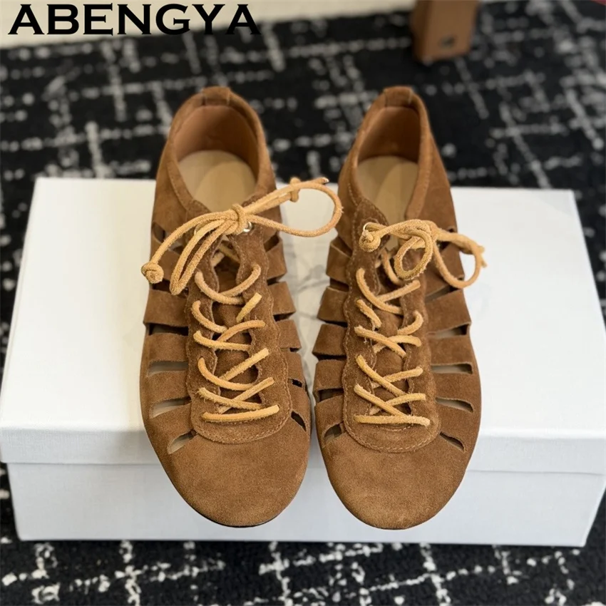Suede Leather Hollow-out Lace Up Sneakers Shoes for Women Round Toe Casual Flat Shoes Summer Fashion Trainer Loafers Shoes Woman