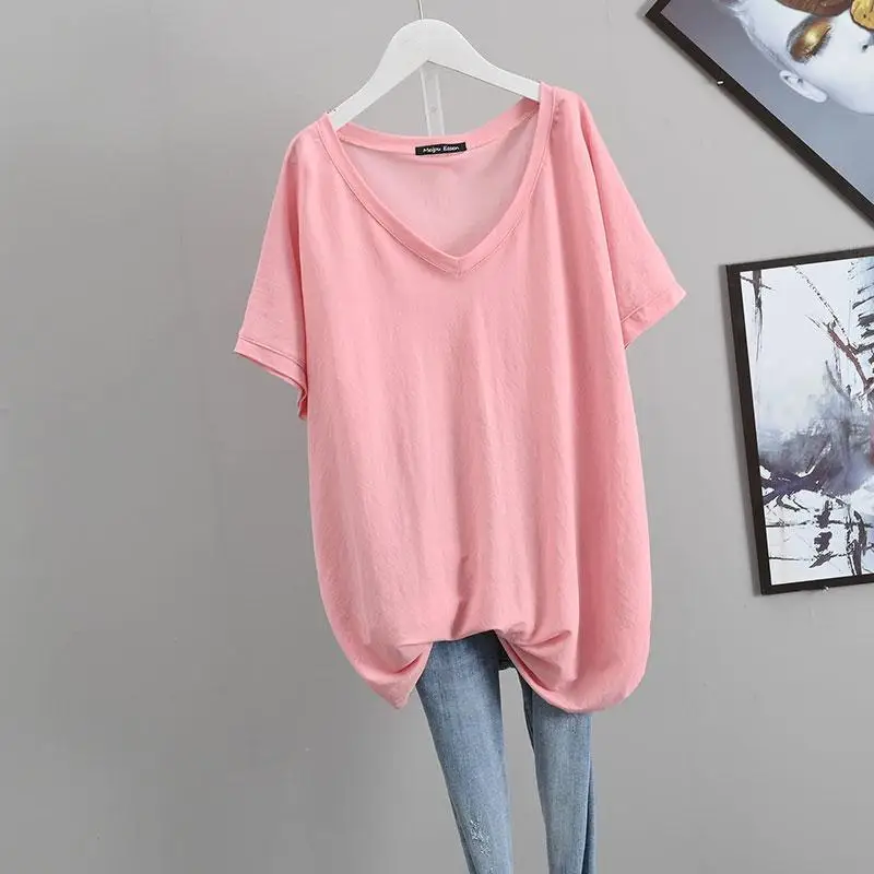 2023 Summer New Solid Color V-neck Short Sleeve Mid-length T-Shirts Women Loose Casual All-match Tees Fashion Simple Youth Tops