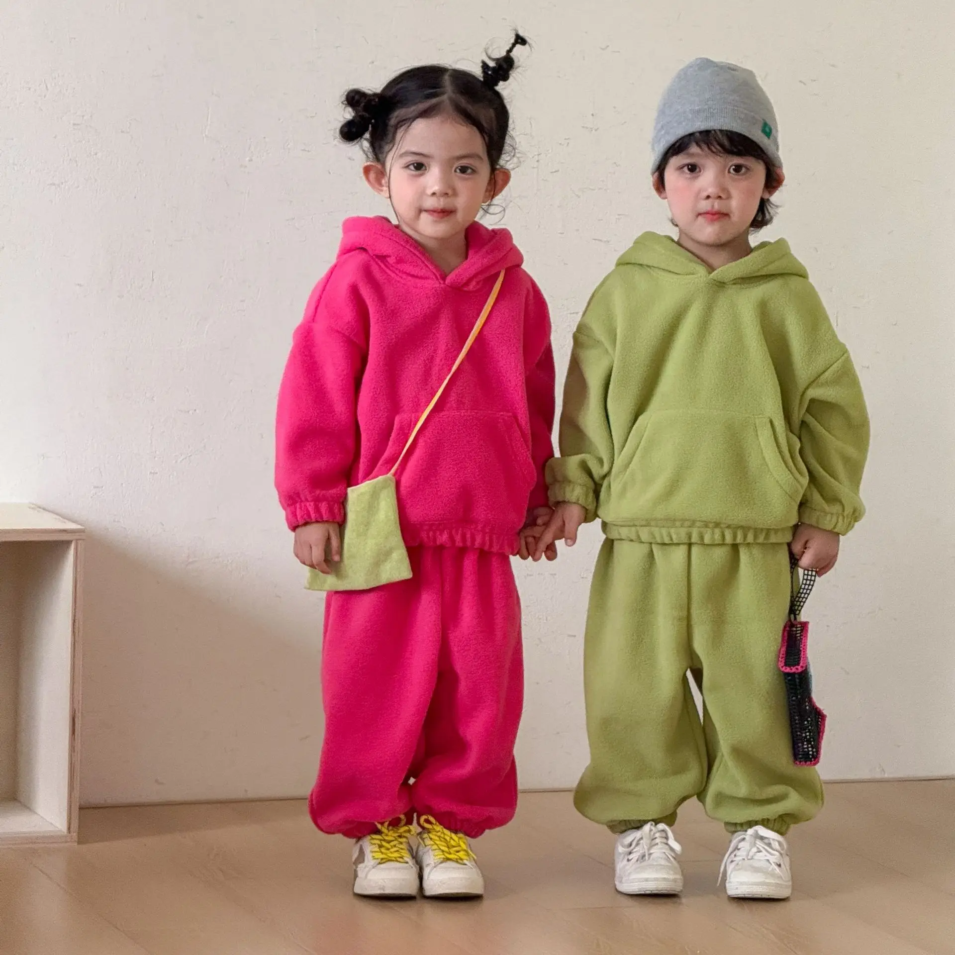 2026 Winter New Children Polar Fleece Clothes Set Boys Girls Hooded Sweatshirt + Pants 2pcs Suit Kids Plus Velvet Casual Outfits