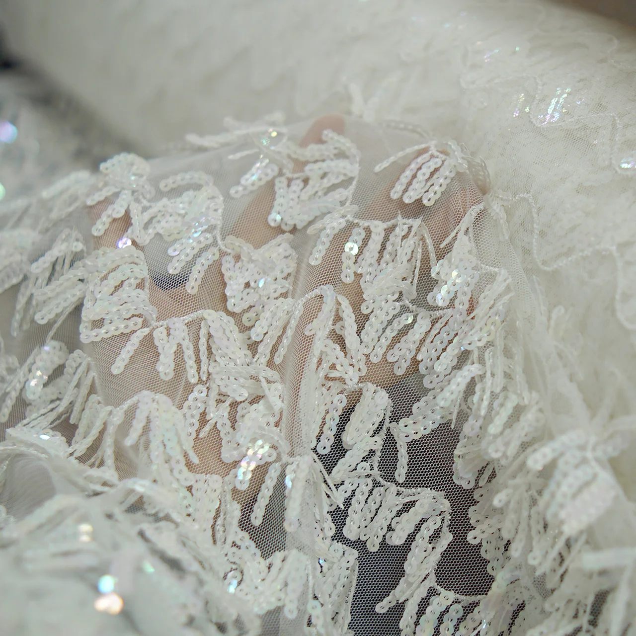 Luxury Leaf Vine Sequin Embroidered Mesh Fabric Romantic Lace Net for Wedding Formal Gown Elegant Couture Clothing Material