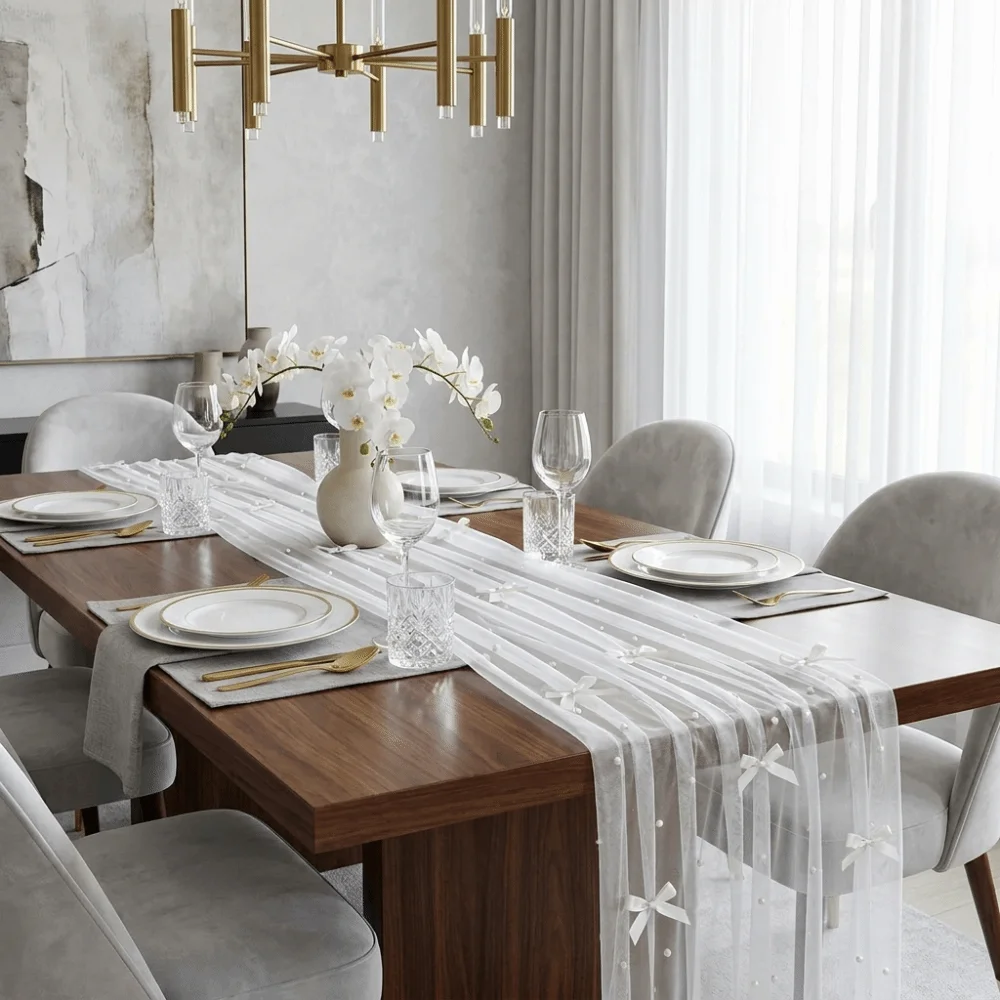 Romantic Bow Pearl Chiffon Runner Luxury Polyester Gauze Tablecloth Decorative Semi-Transparent Wedding Table Runner