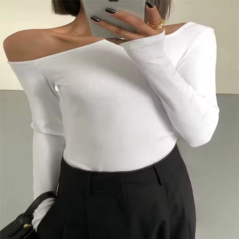 Fashion Skew Collar Off-shoulder Long-sleeved T-shirts Women Spring New Solid Slim Fit Crop Top Sexy Hollow Out Tees Shirts - Image 7