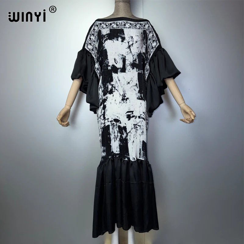 WINYI Pleated Elastic puff(ed) sleeves dress holiday beach cover up maxi kaftan abaya dubai luxury party dresses evening dress