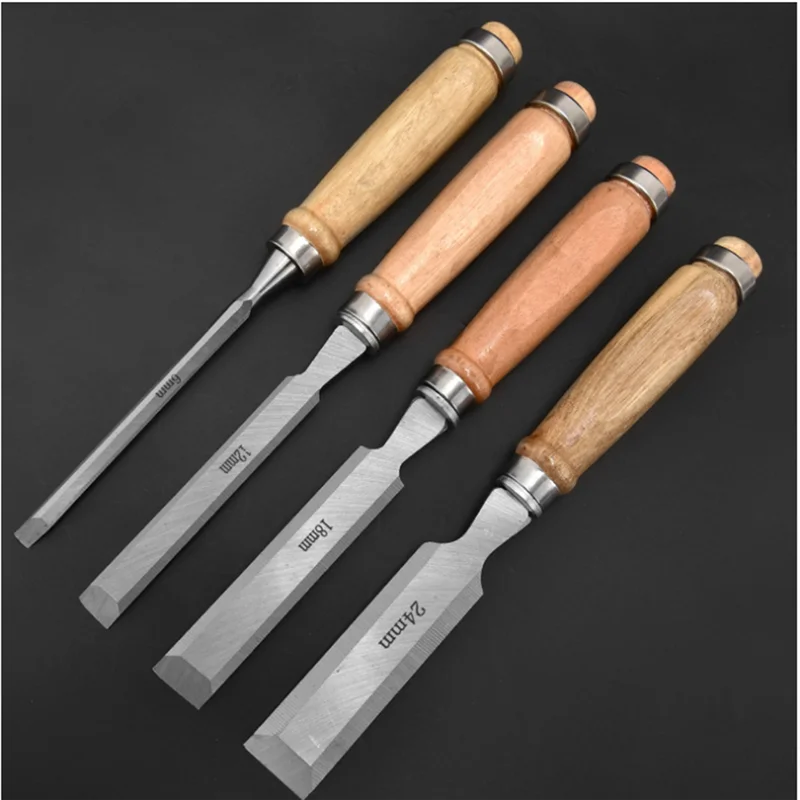 ABJY-4Pcs مجموعة إزميل الخشب لأعمال النجارة، أزاميل مقعد من الفولاذ الفاناديوم الكروم مع غطاء، مقبض عالي التأثير من خشب الزان