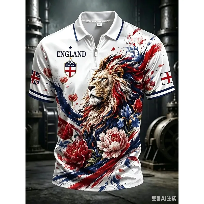 England Football Half Zip Polo Shirt George Cross 3D Print T-shirt Men Women Youth Soccer Supporter Uniform Casual Sport Tee view 4