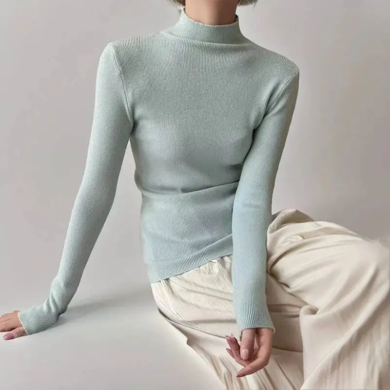 

Женский вязаный свитер с полувысоким воротником, однотонный повседневный базовый пуловер с длинными рукавами, универсальный тонкий эластичный трикотаж