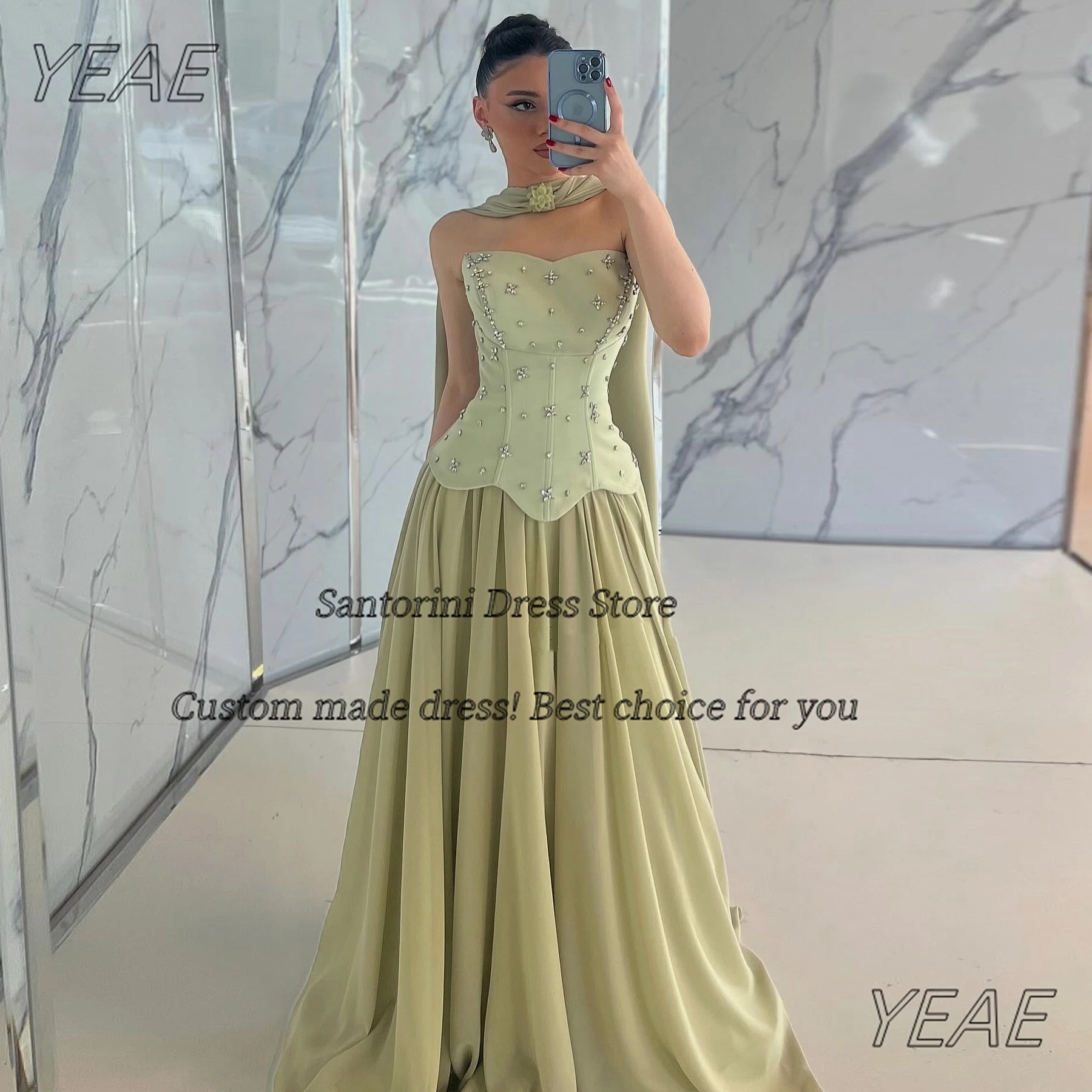 

Santorini Sweetheart Prom Dresses with Shawl Beaded Women's Evening Dress Long Ruched Wedding Party Saudi Gowns Customized