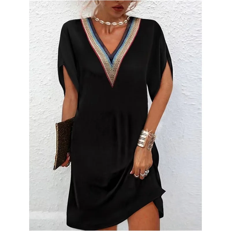 Summer New Elegant Fashion Vintage Folk Minimalist Dress Women Structured Short Sleeve V Neck Sequined Loose Casual Short Robes