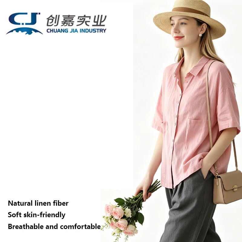 

Linen Spring and Summer Women's Short-sleeved Shirt Ginger Youth Crisp Top Loose Size 3XL Fat Girl Comfortable Breathable Shirt