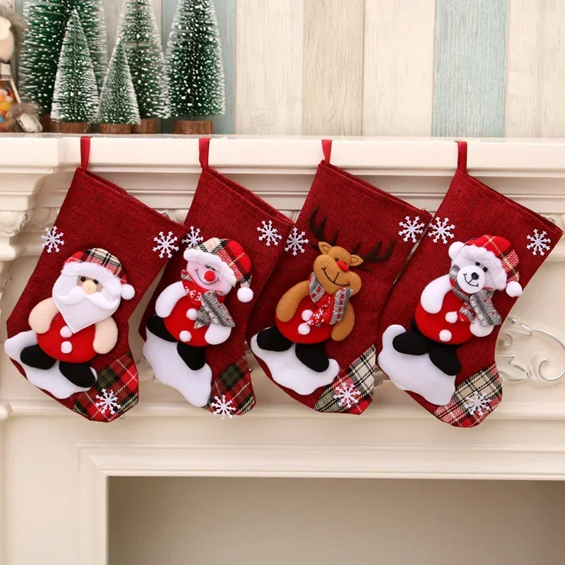 Christmas Stockings Sack Gift Candy Bag Christmas Decor For Home New Year Sock Snowman Santa Elk Fireplace Xmas Tree Ornaments