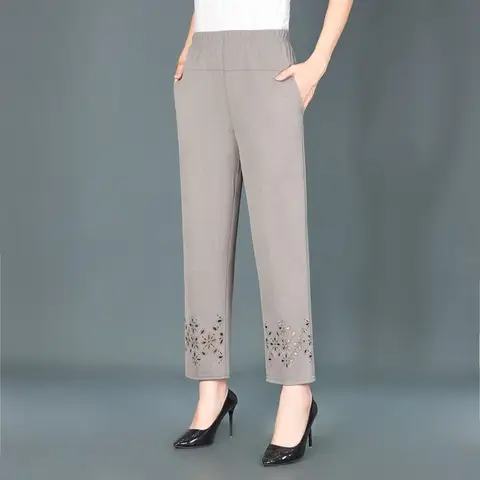 여름 여성용 크로프트 바지 여성용 속이 빈 Pantalon Femme 하이 웨이스트 블랙 짧은 바지 캐주얼 헐렁한 바지