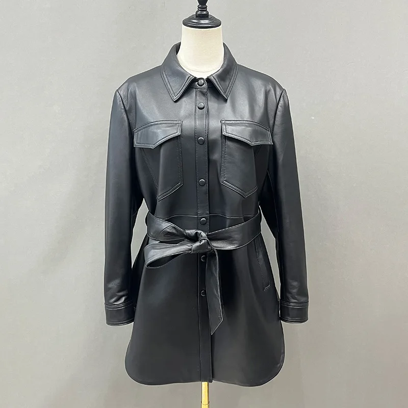 Chaquetas de piel de oveja auténtica para mujer, gabardina de longitud media con cinturón, cuello vuelto, FG5451, 2023