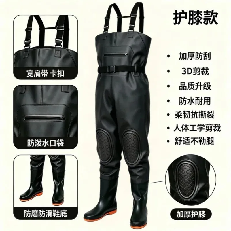 Men Waterproof Chest Waders Non Slip Fishing Pants Breathable Half Body Wading Suit with Integrated Boots for River Hunting