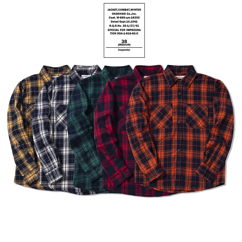 Autumn Winter Plaid Casual Thick Long Sleeve Men's Shirt Breathable Fleece Lined OKONKWO Brand Slim Fit Shirt for Youth