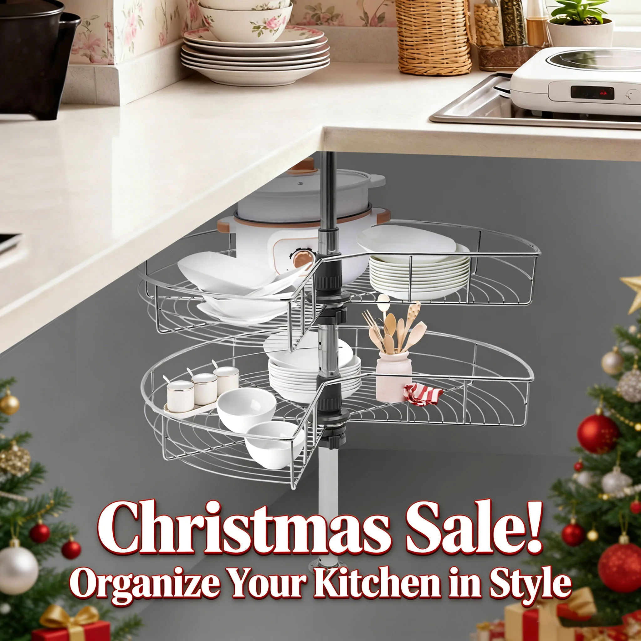 

270° 23.6 Inch Lazy Susans Corner Organizer, Rotating Storage Basket for Kitchen Cabinet, Heavy Duty Galvanized Iron, Christmas