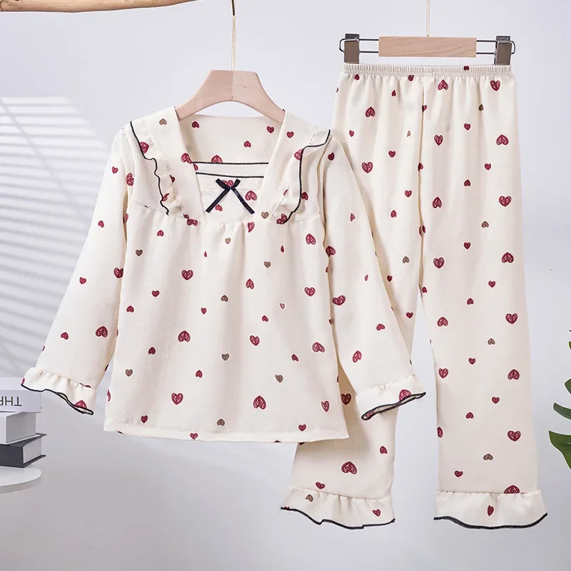 New Girls Cute Bowknot Heart Cartoon Rabbit Pajamas Long Sleeve V-neck Sleepwear Kids Spring Summer Casual Clothing Sets Pyjamas