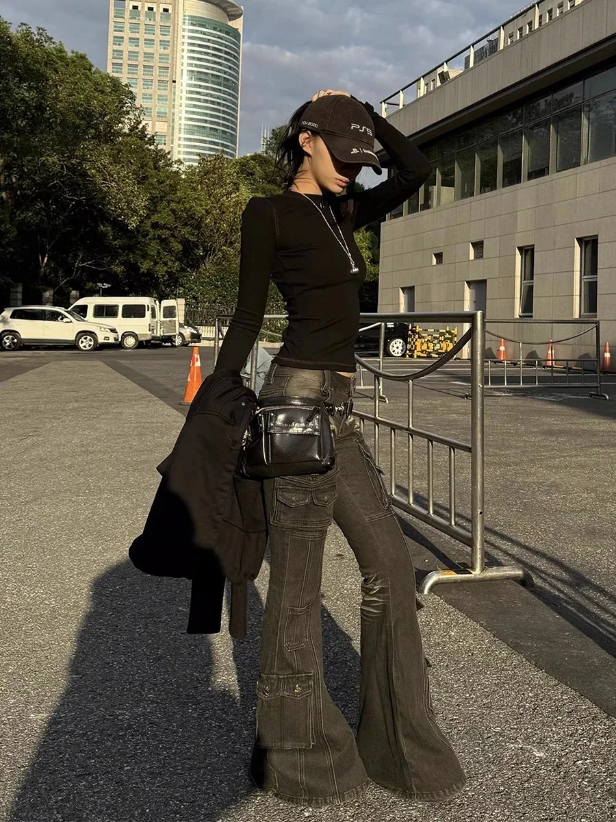 Women's Low Waist Cargo Jeans Black Washed 2000s Y2K Retro Distressed Whiskers Multi-Pocket Bootcut Micro Flare Pants Grunge New