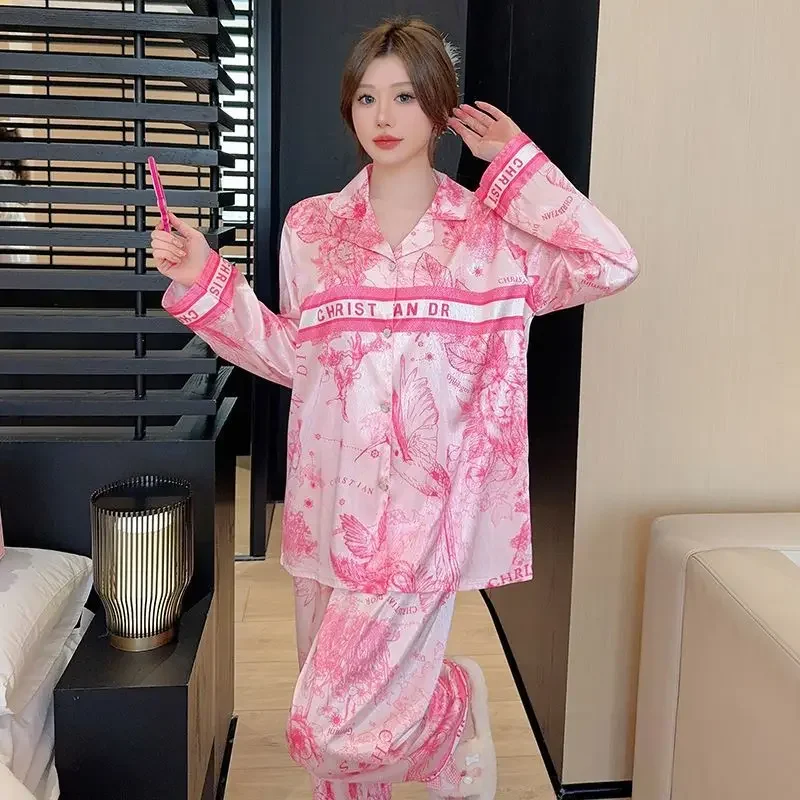 Luxury Ice Silk Pajamas for Women Long-sleeved  Pijama Mujer Sleepwear Loungewear Women Fashion 2025 New Fashion 2pcs