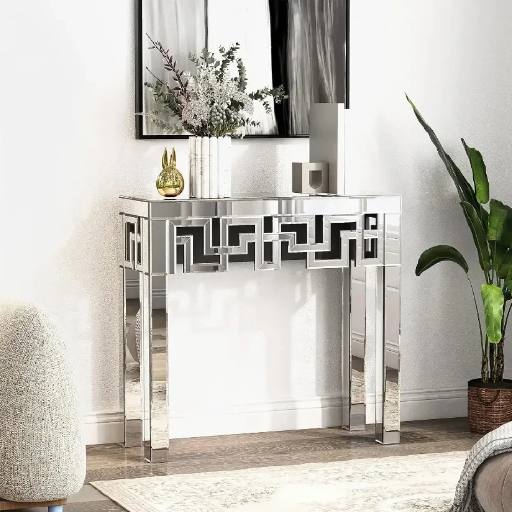 Silver Console Table, with Mirrored Finished, Modern Glass Entryway Table Geometric Design, 32 inches Wide