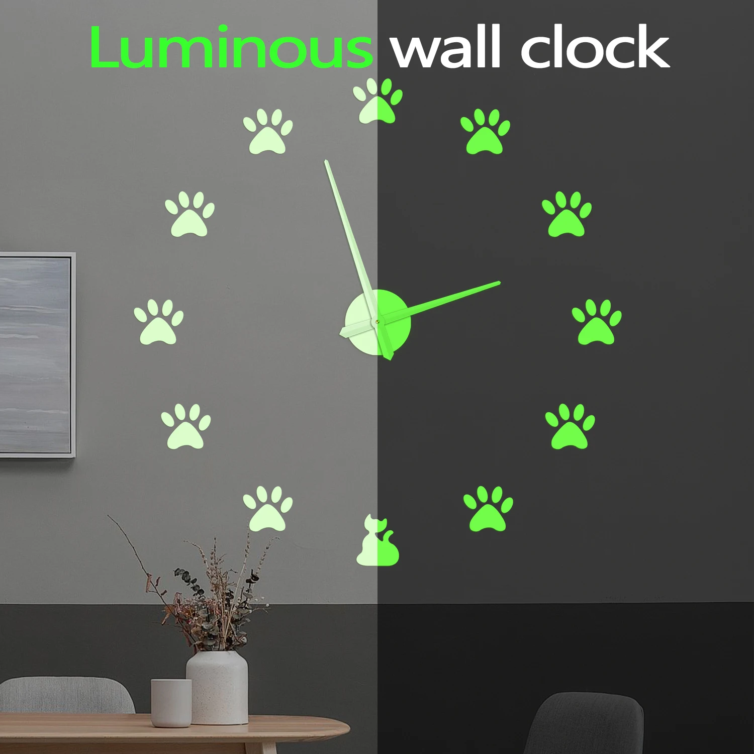 Cat Paw DIY Wall Clock Glow in Dark For Pet Owner Home Decor Kitten Paw Frameless Large Night Glowing Wall Clock Silent Quartz