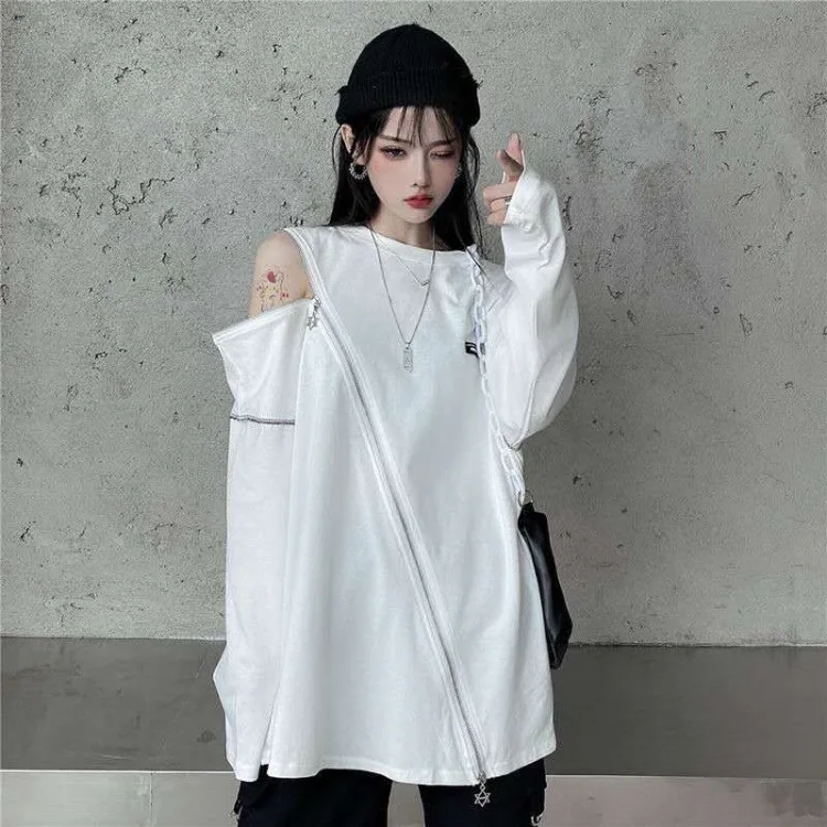 Y2K Techwear Zip Up T Shirts Women Harajuku Punk Off Shoulder Tee Loose O-neck Long Sleeve Sexy Tops Hip Hop Streetwear