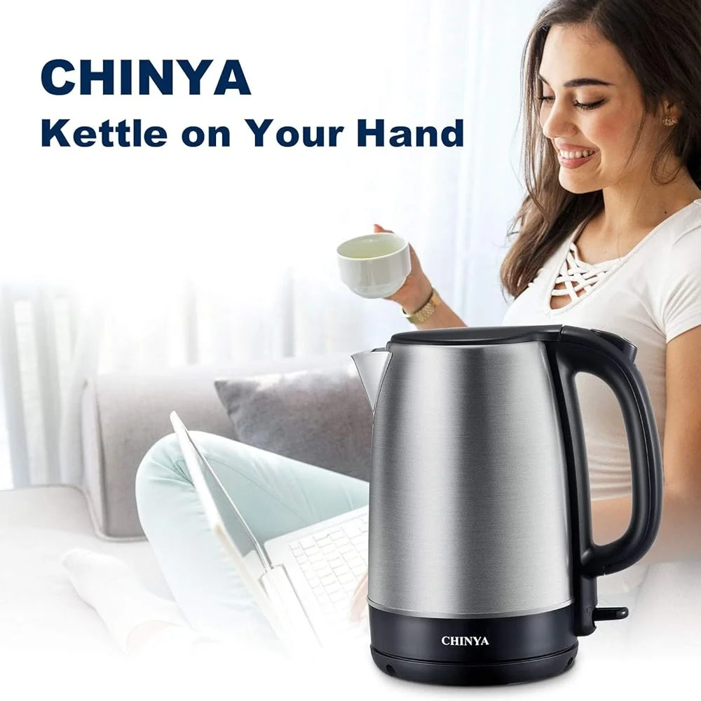 Electric Kettle 1.7L Stainless Steel Tea Maker Fast Boiling 1500W Automatic Shut Off LED Light 360° Base Storage